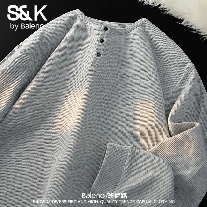 班尼路S&K系列亨立领长袖T恤男士秋季宽松重磅华夫格老钱风上衣服