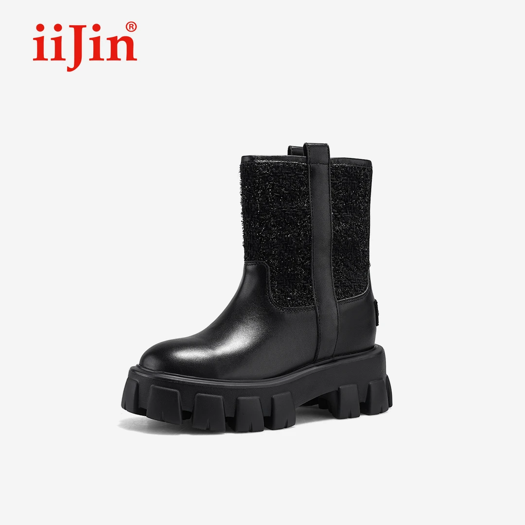 iiJin艾今25秋新品9.5cm厚底内增高超轻细闪拼接切尔西靴女866NNC