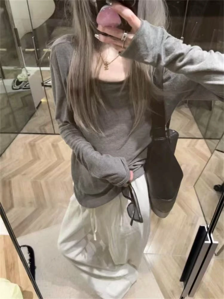 韩系U领长袖针织衫女装上衣