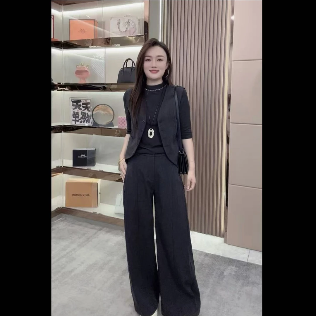 秋季新款时尚洋气女性马甲内搭阔腿裤套装