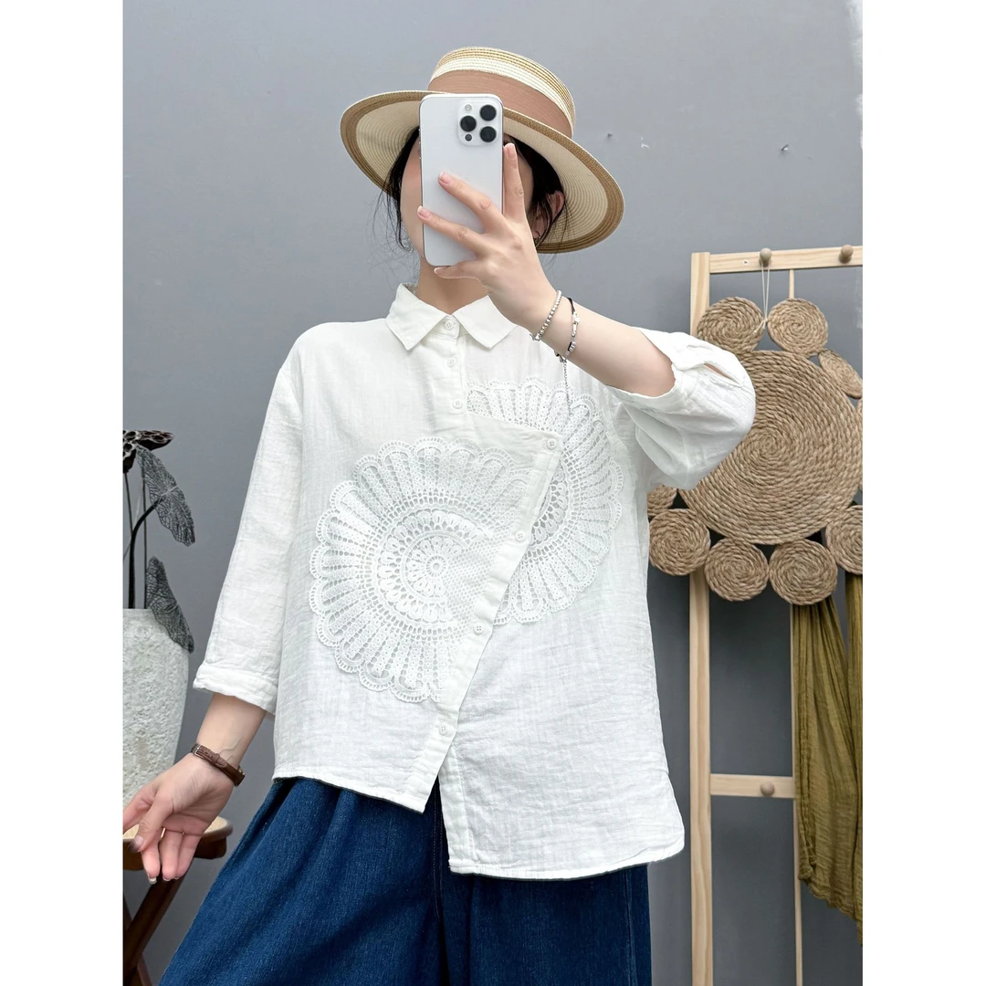 【娃娃专属】太阳花白衬衫女中袖2025春夏装刺绣上衣别致绣花女式