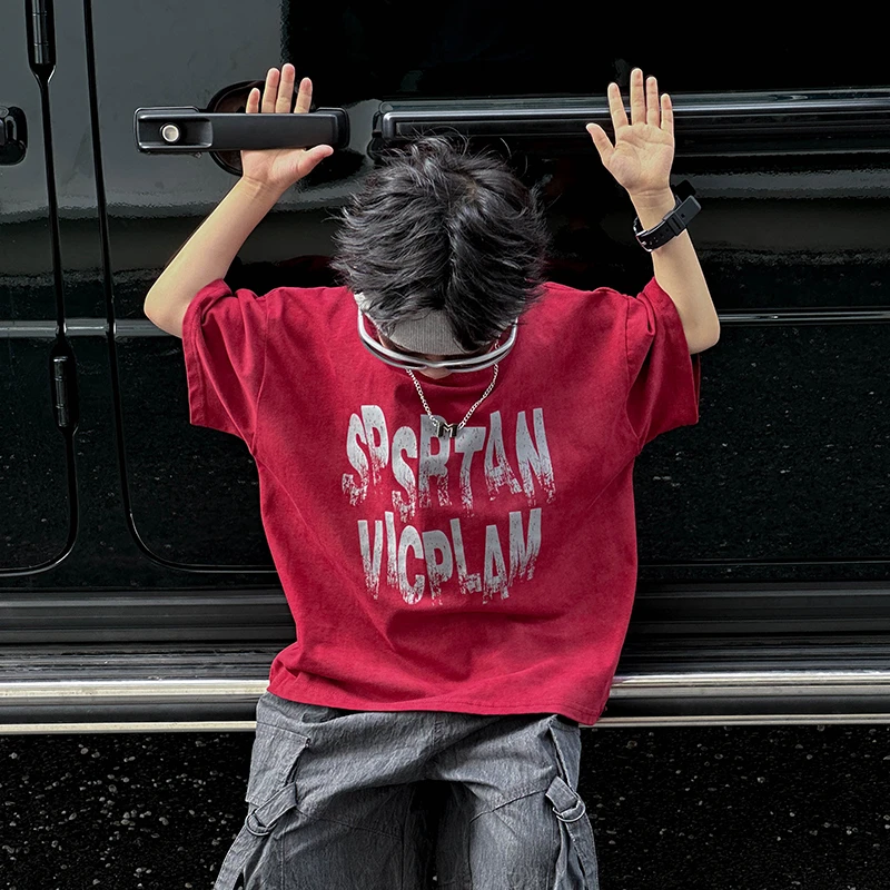 小小郑童装男孩半袖美式潮酷字母自带项链宽松红色男童短袖t恤