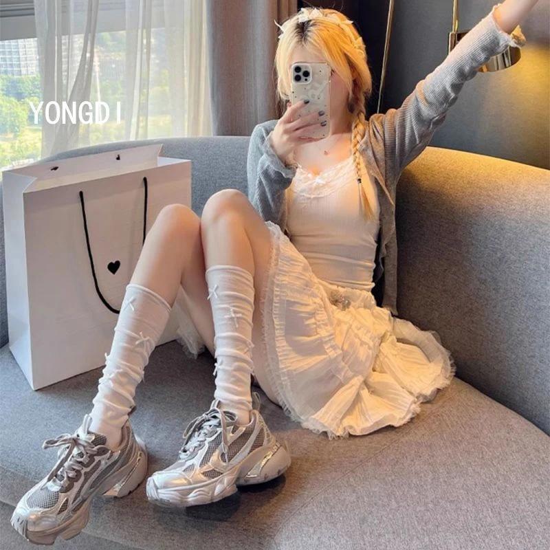 小腿袜女款袜子新款爆款灰色JK蝴蝶结堆堆袜薄款夏天长袜芭蕾风