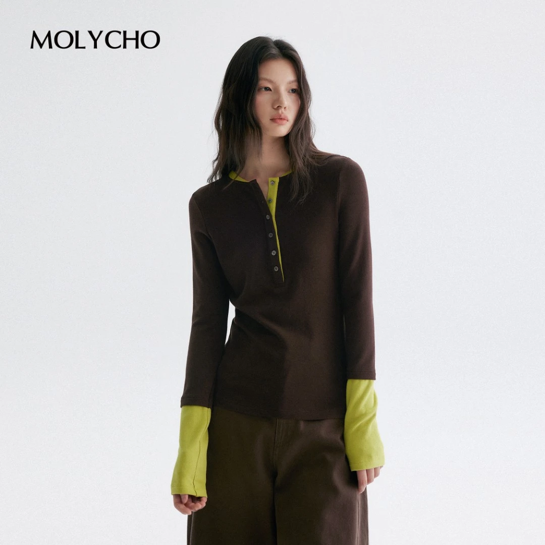 MOLYCHO  | 色彩叠穿_撞色亨利领长袖T恤女_拼色半开襟打底衫上衣