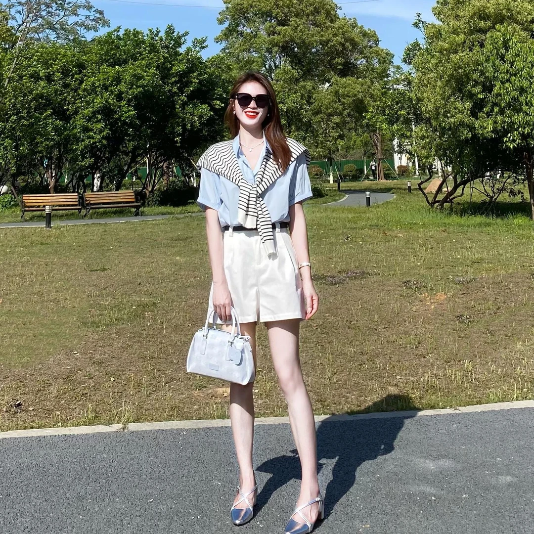 韩系条纹披肩polo翻领短袖衬衫女夏季设计感衬衣气质百搭防晒上衣