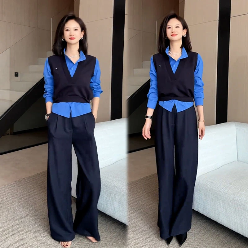 2025秋季新款设计感松弛感百搭假两件衬衫女搭配休闲阔腿裤两件套