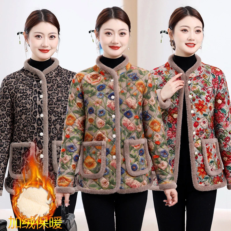 妈妈装加绒加厚豹纹棉衣秋冬新款保暖棉服大码中老年女花棉袄外套
