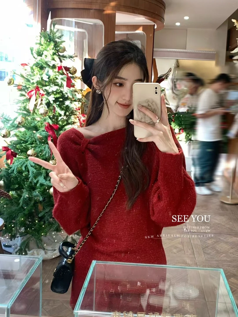 过年红色毛衣裙子