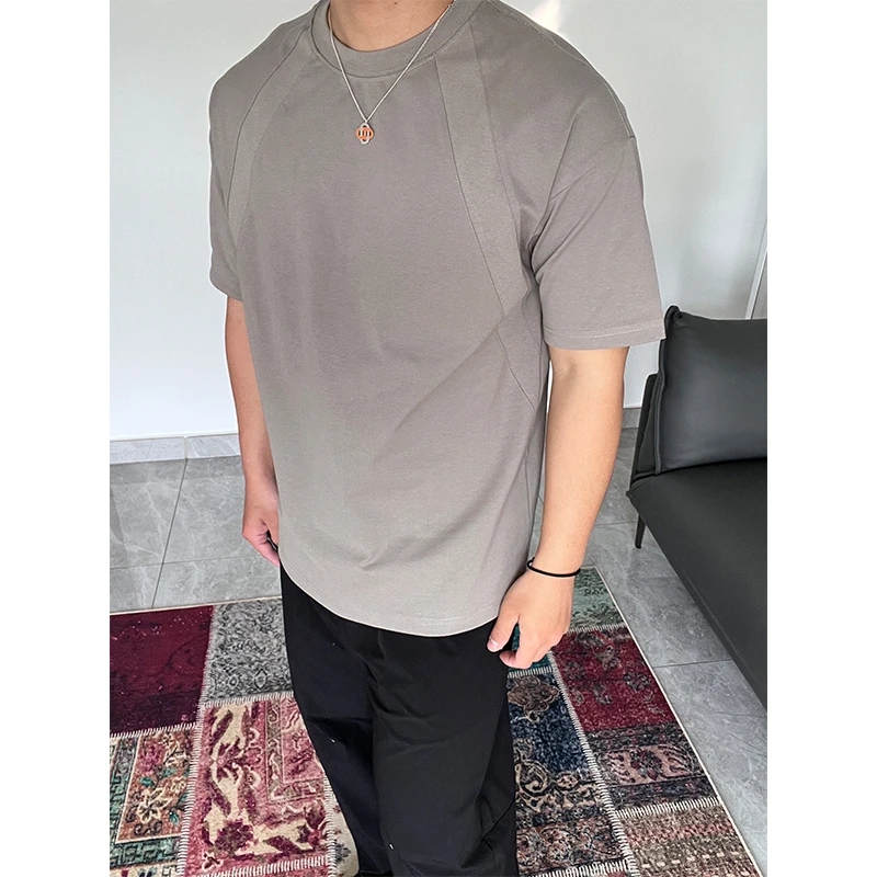 基础吴 美式结构拼接短袖t恤夏季美式街头小领口重磅上衣男女情侣