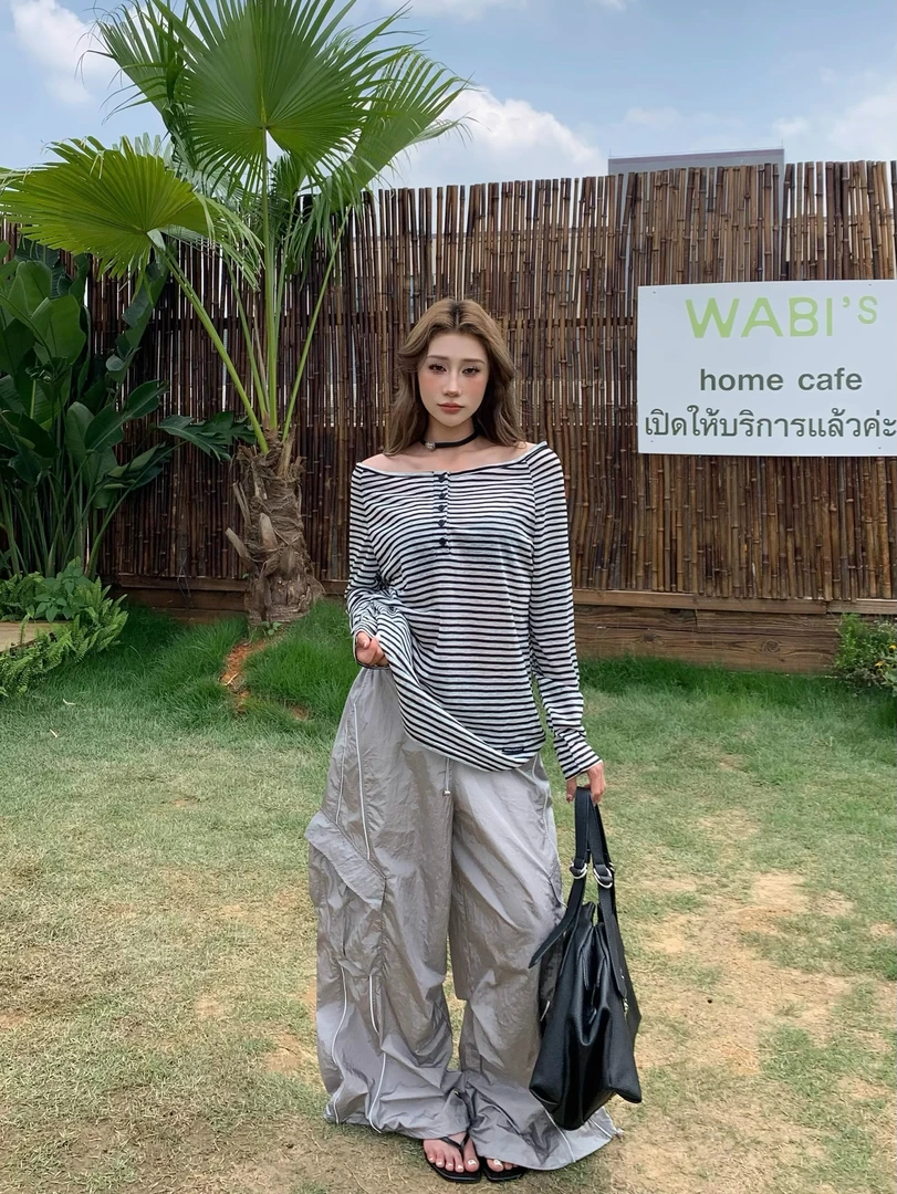 WRXS  韩系撞色条纹薄款长袖T恤夏季宽松休闲慵懒百搭露肩上衣