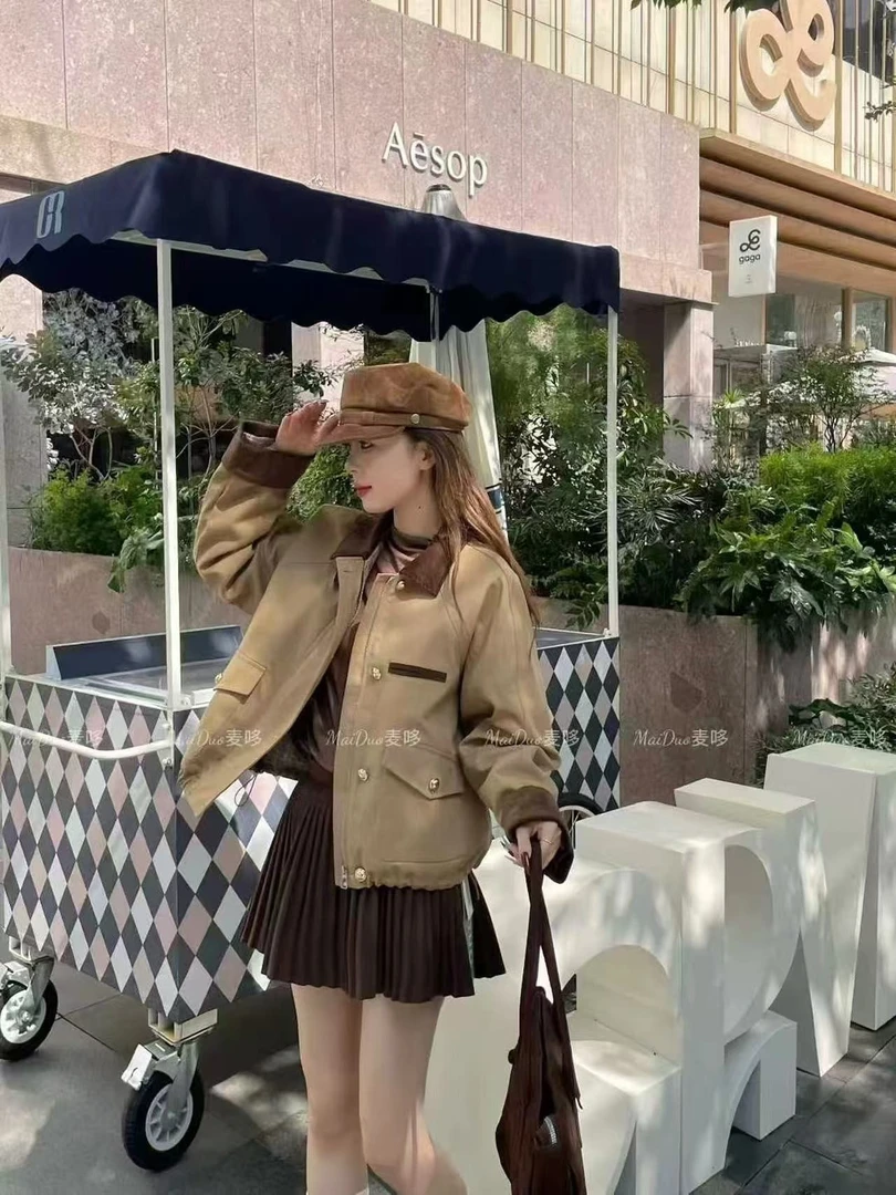 露思同款翻领灯芯绒拼接夹棉大码短外套女2025秋冬季新款棉服上衣