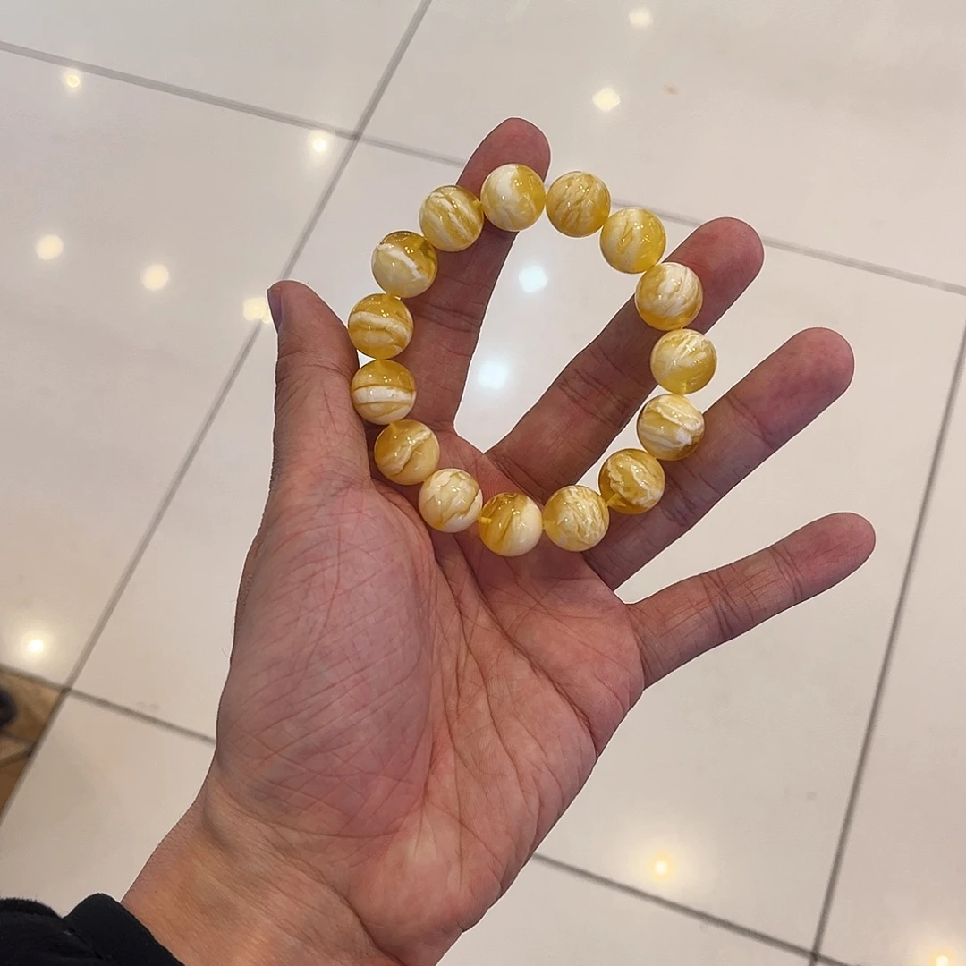 蜜蜡未镶嵌手链金瓷白虎皮纹14mm