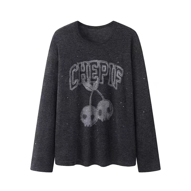 【甜酷樱桃】春季新品百搭宽松慵懒风字母殷桃圆领长袖针织衫.Y8345