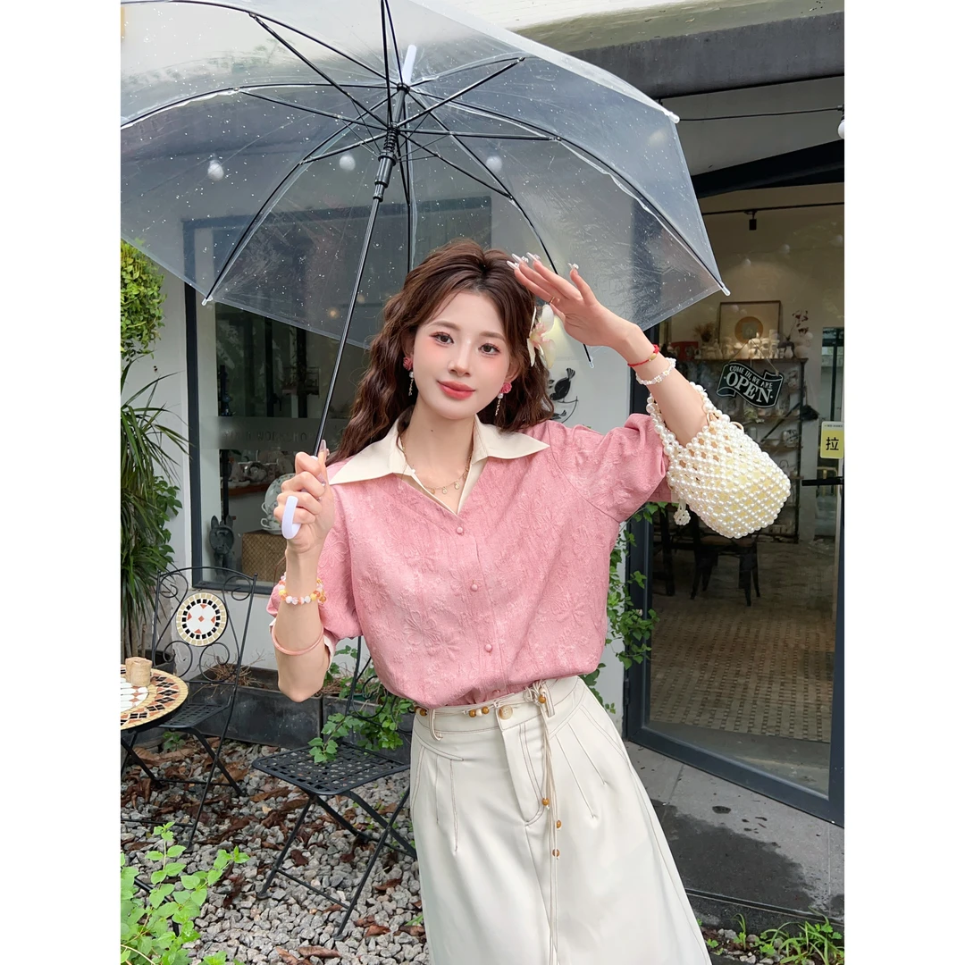 温舒敏【蝉鸣盛夏】复古港风短袖衬衫女宽松百搭上衣MJ1688326