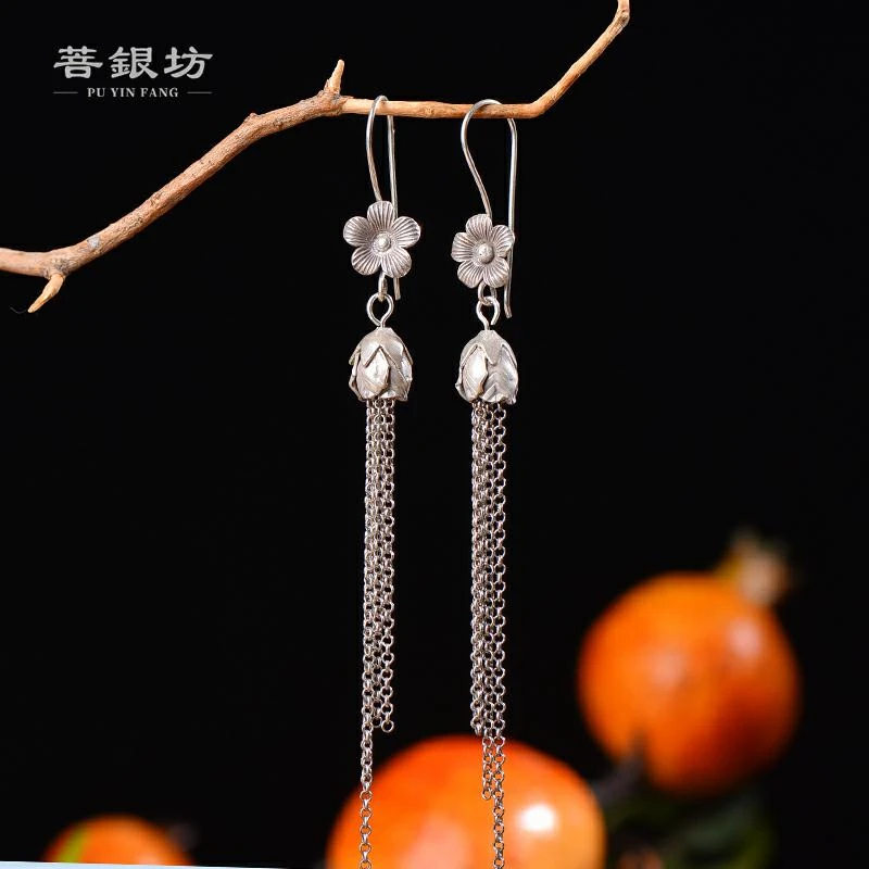925银耳饰 【菩银坊】手工制作静待花开时流苏耳环