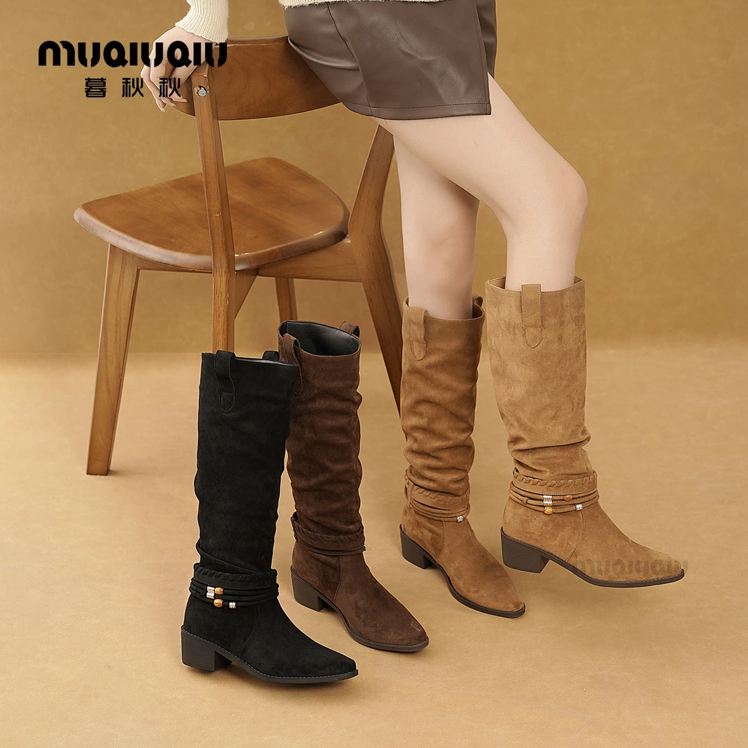 暮秋秋复古流光风西部牛仔靴2025年新款编织串饰褶皱堆堆靴骑士靴