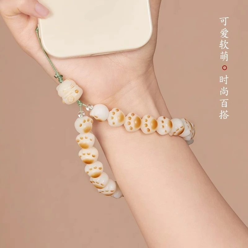 天然白玉菩提炭烧猫爪手机挂绳女款可爱甜美招财猫咪手机链挂手腕