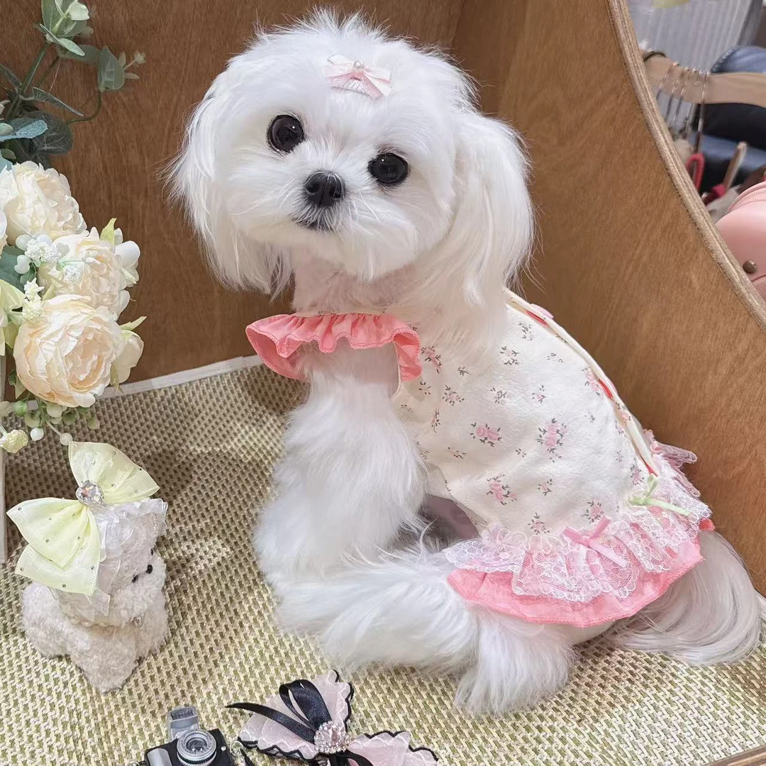 夏季新款宠物服粉色甜心碎花飞袖吊带裙