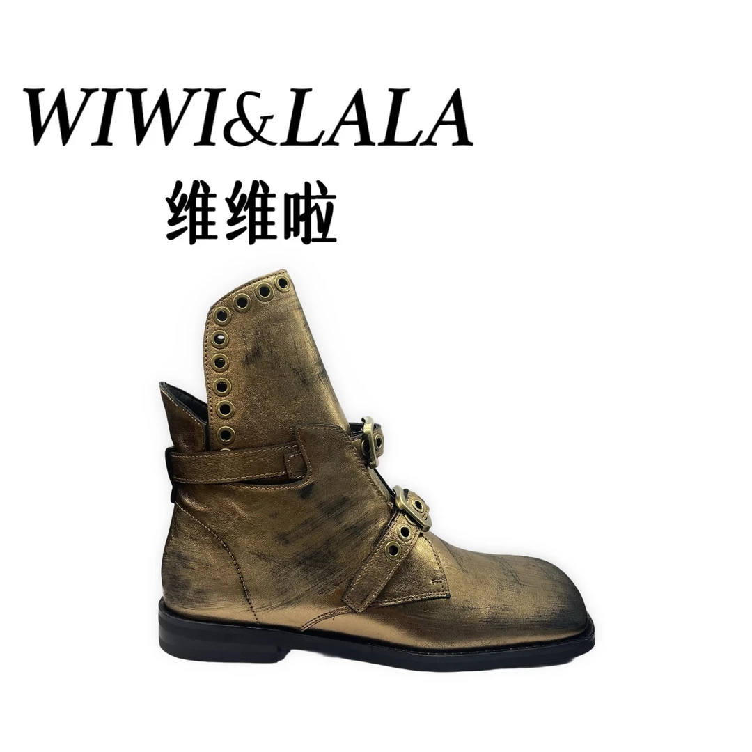 【维维啦】AW25秋款牛皮金属绑带短靴复古做旧2658-2