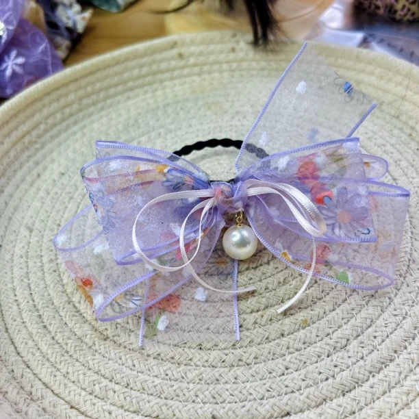 HC0372 浅紫色碎花韩版立挺纱纱多层蝴蝶结皮筋