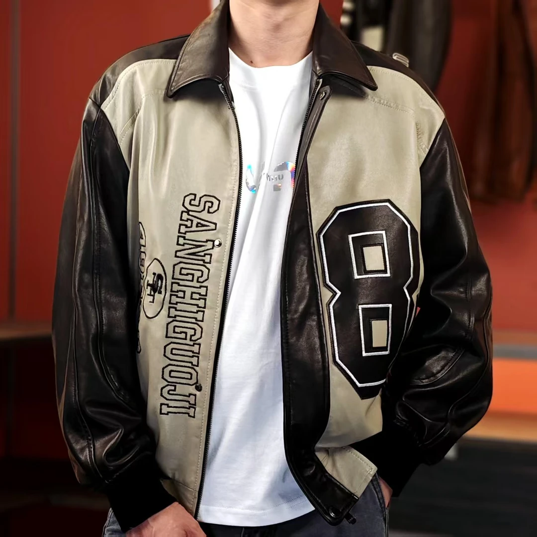 新款首发绵羊皮真皮皮衣男士休闲翻领短款轻奢夹克潮流拼色外套