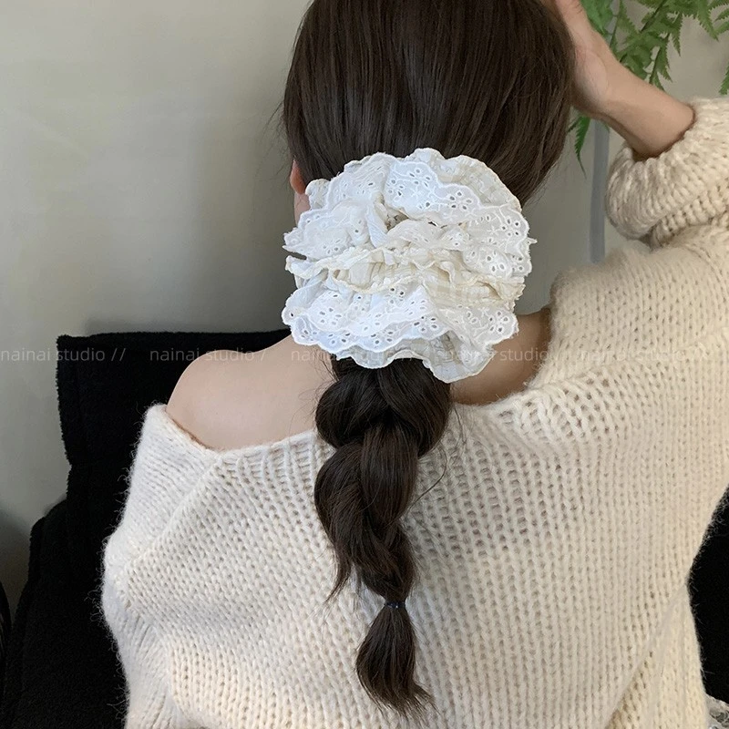 格子蕾丝大肠发圈超仙温柔花苞四层超大号格纹发绳头绳女