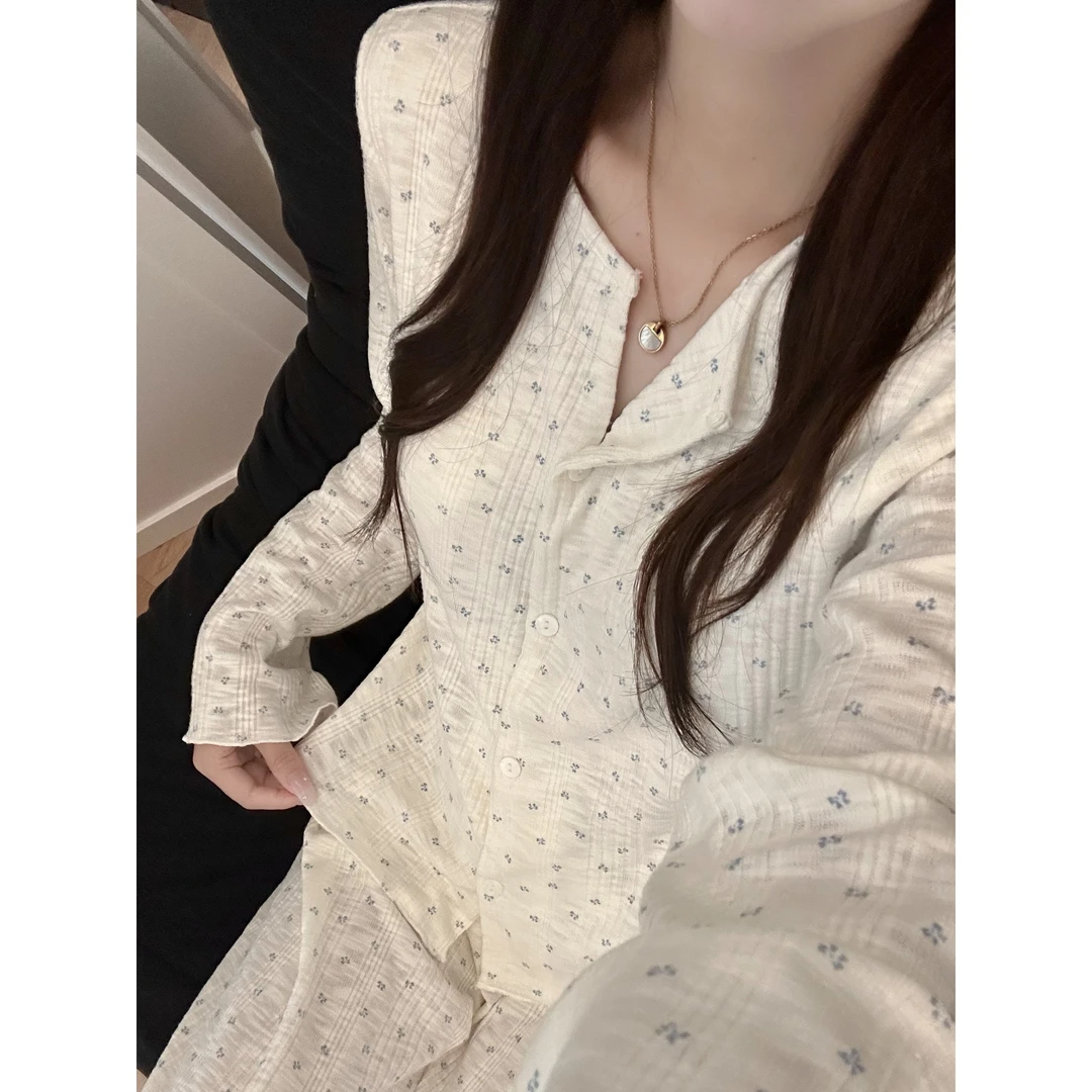 韩系甜美可爱简约休闲清新碎花睡衣女春秋新款宽松休闲家居服套装