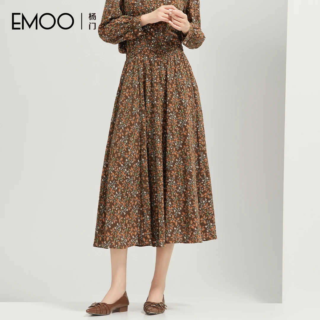 EMOO/杨门中长款春季长裙女装碎花压褶秋冬复古法式E34C013368