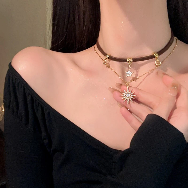 合金皮质项链 美神降临~甜酷美拉德星芒项链女美式复古choker