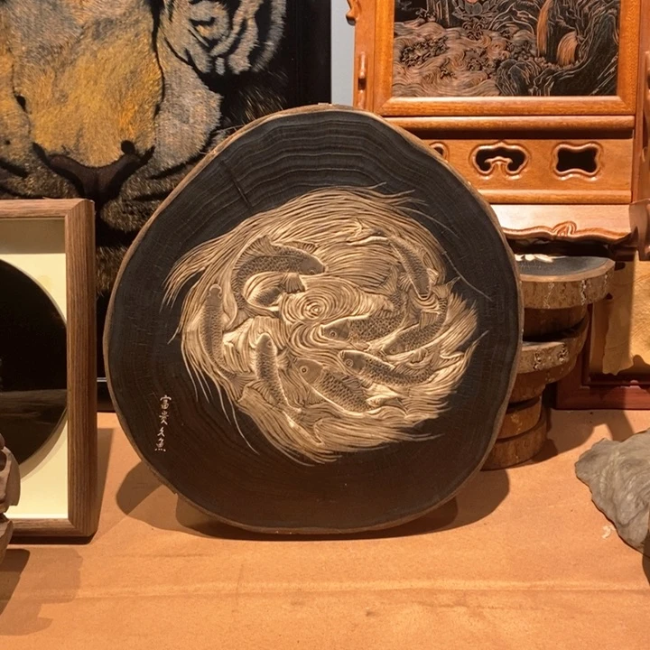 木富贵久鱼银杏木挂画