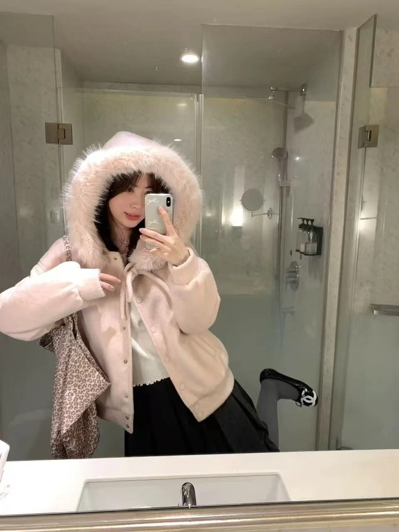 燕麦暖绒蝴蝶结绑带毛领连帽毛呢厚外套女冬季加厚高级感棉服冬装