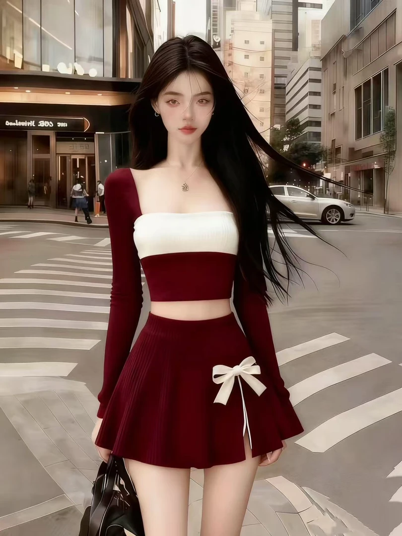 新款时尚少女风撞色方领长袖短款上衣+小众设计半身裙酒红色套装