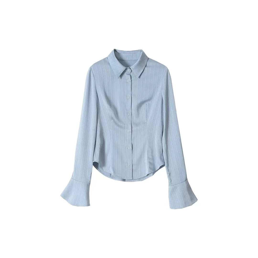 【8159-YR】蓝色收腰衬衫女气质修身丝滑缎面职业衬衫