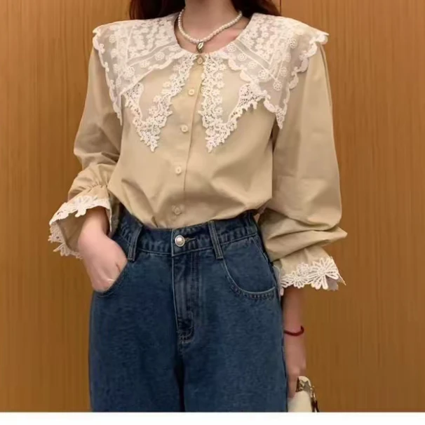蕾丝领花边袖纯色衬衫女2025设计感新款韩版早秋百搭长袖上衣
