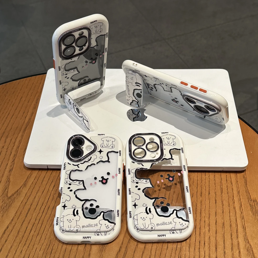 BANCA线条小狗镜面支架适用苹果16/15奶油手机壳华为vivo小米oppo