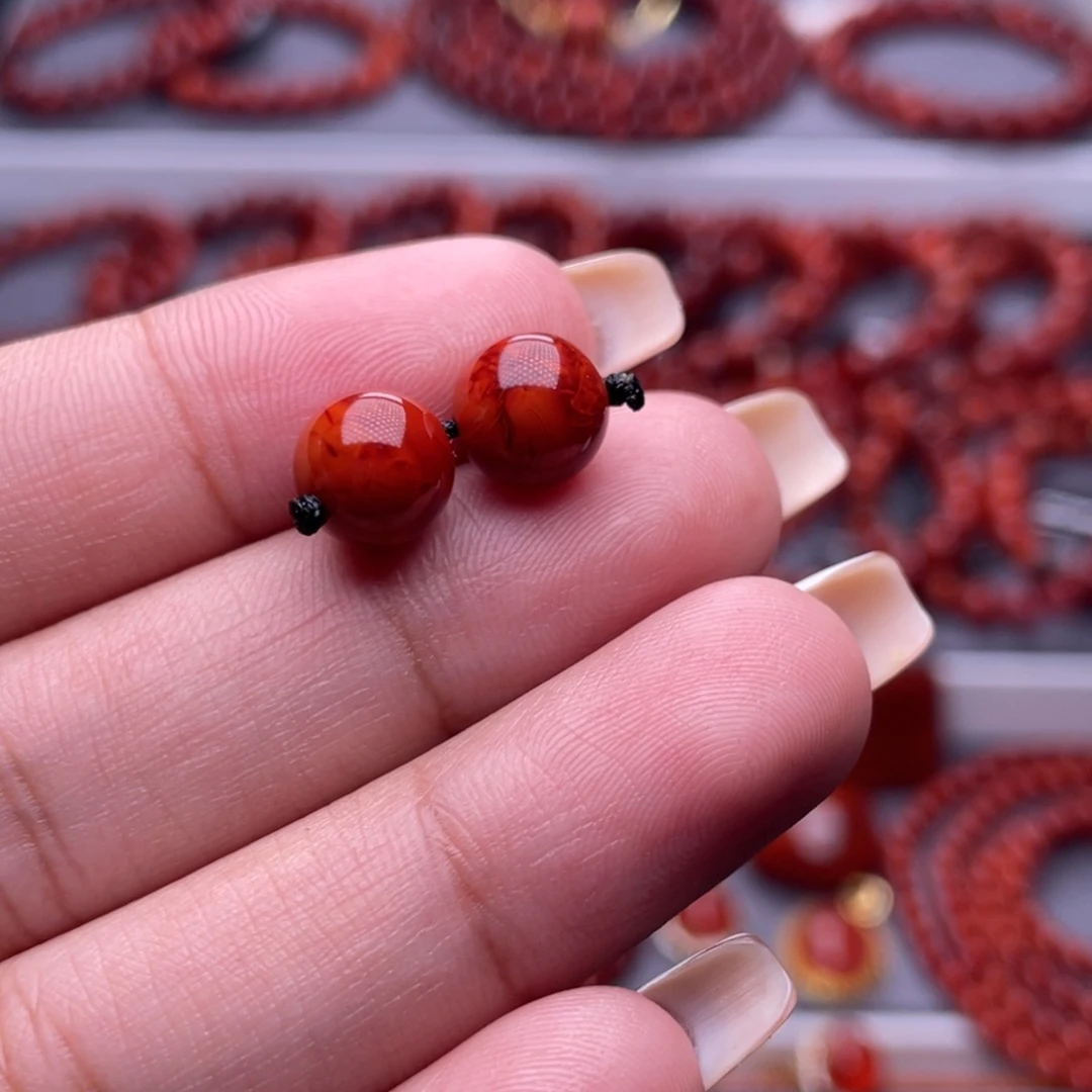 南红玛瑙未镶嵌其他原矿）收藏级8.4mm瓦西玫红火焰纹满肉对珠