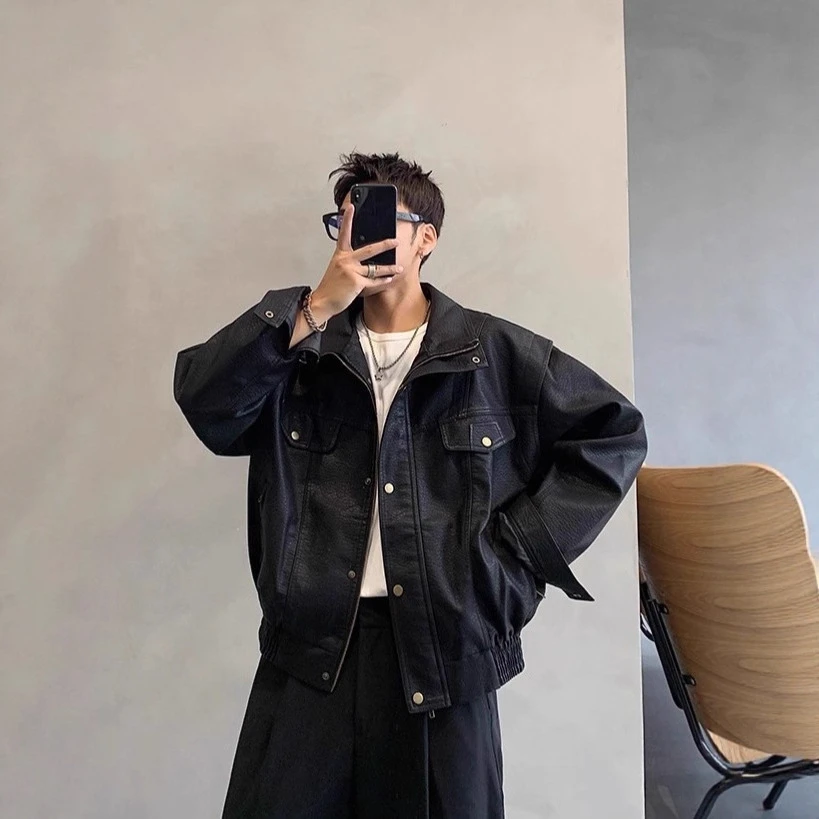 高级感短款机车服皮衣外套男秋季潮牌休闲宽松痞帅飞行员PU皮夹克