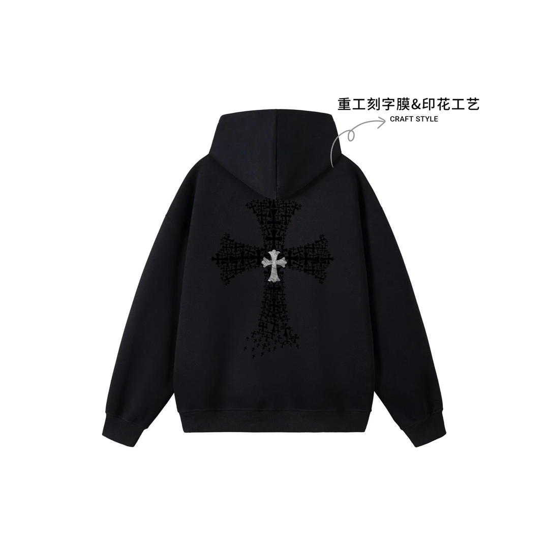 美式复古十字架男女卫衣秋季潮牌Oversize宽松重磅连帽开衫卫衣