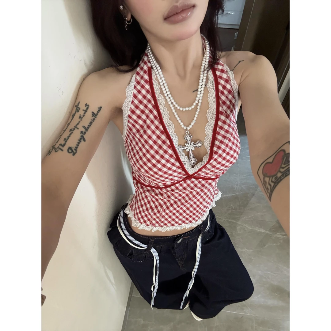 法式多巴胺蕾丝花边拼接背心吊带女夏季vintage红色格纹短款上衣