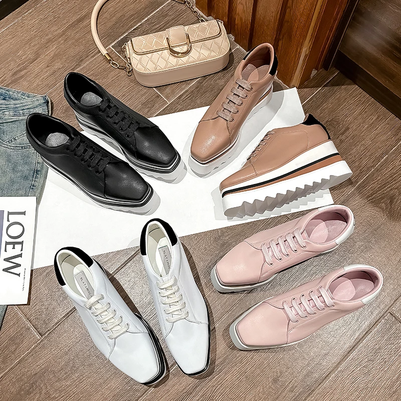 stella厚底鞋女2025新款方头百搭真皮小个子增高条纹松糕底单鞋女