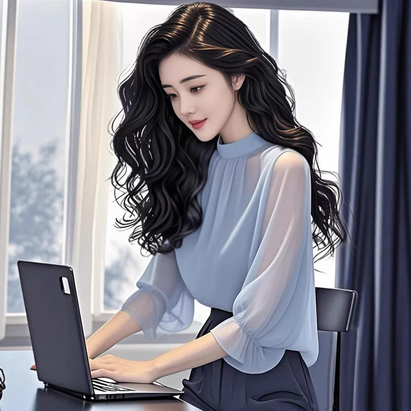 蓝色雪纺衬衫中袖女2025夏季新款设计感小众优雅显瘦衬衣上衣