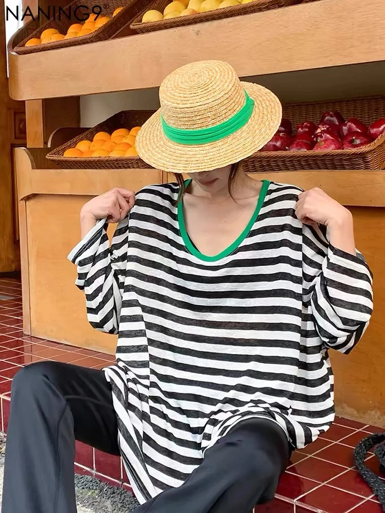夏季宽松慵懒风长袖薄款圆领针织衫女条纹空调衫防晒服