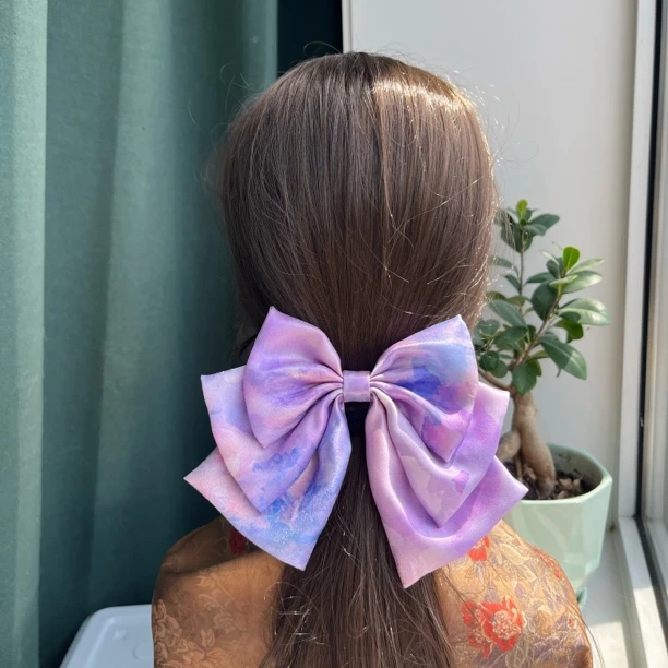 桑蚕丝紫粉泡沫仙气飘飘三层18cm大蝴蝶结高级百搭花位随机