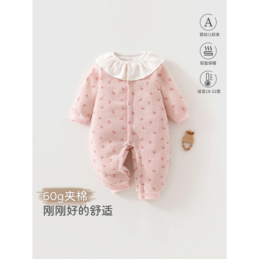 婴儿连体衣秋冬季初生儿夹丝保暖a类加棉加厚外出爬爬服宝宝哈衣