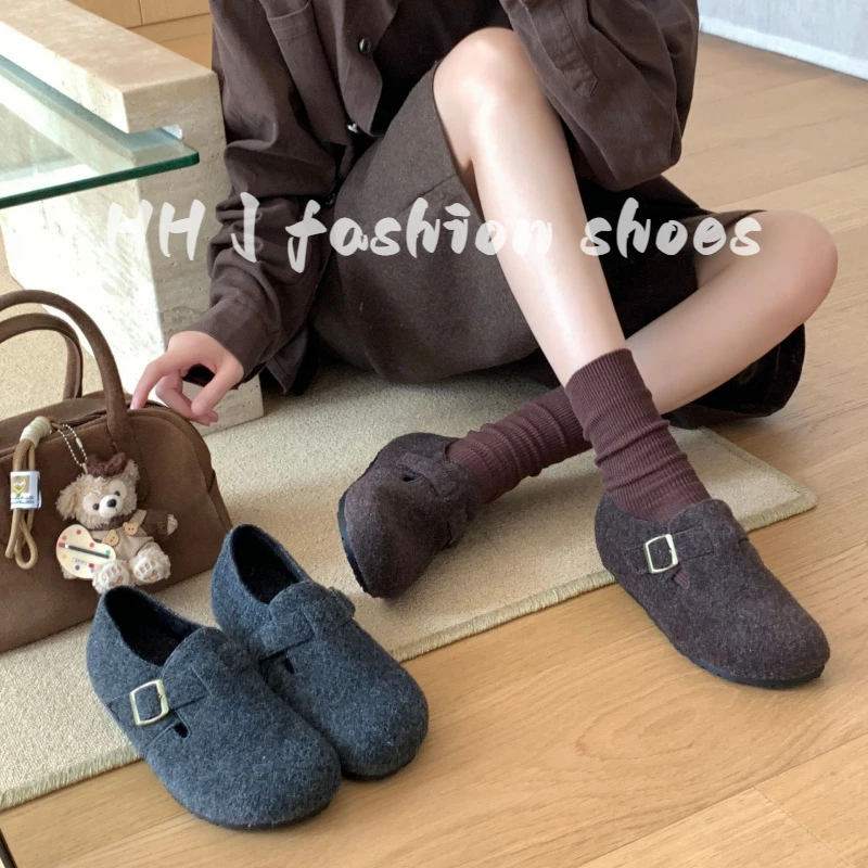 MARCO&JOYCE森系复古毛呢厚底博肯鞋女冬新款一脚蹬加绒毛毛棉鞋