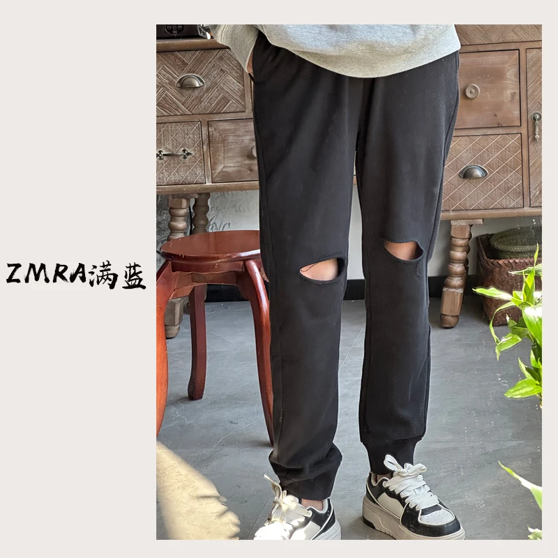 ML9917 秋冬新款宽松松紧腰女士直筒破洞休闲裤