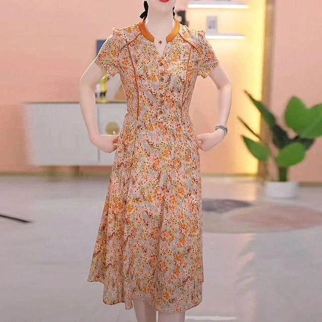 高档夏季新款妈妈装时尚气质短袖连衣裙女士显高显瘦碎花薄款裙子