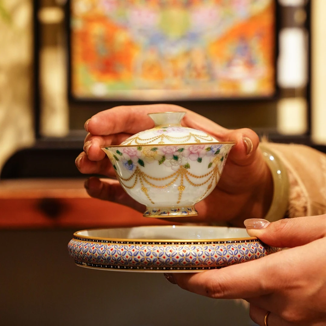 灵玺贡坊   盖碗7  茶具中式茶道手绘茶杯喝茶饮茶银