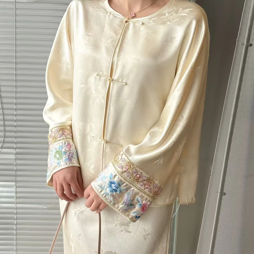 柿柿如意重锻外套上衣套装真丝气质时尚百搭国风春秋中式长袖