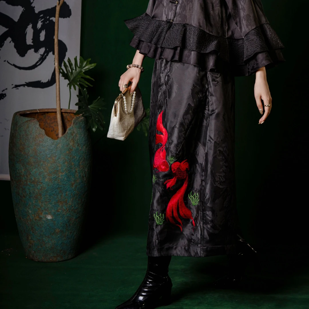 【风起端阳】K250901锦鲤刺绣缎面重磅9分阔腿裤